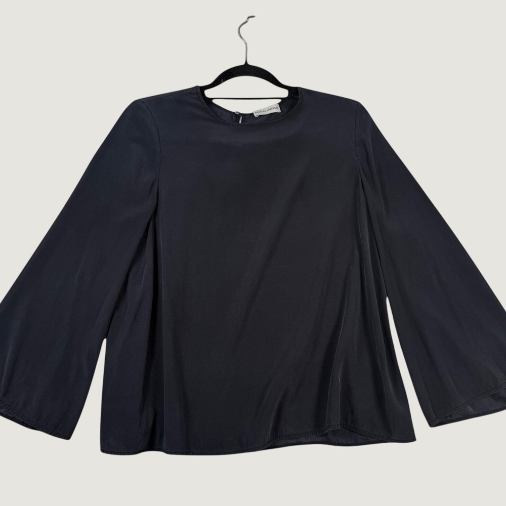 Scanlan Theodore Navy Blue Silk Blend Bell Sleeve Keyhole Back Blouse Top